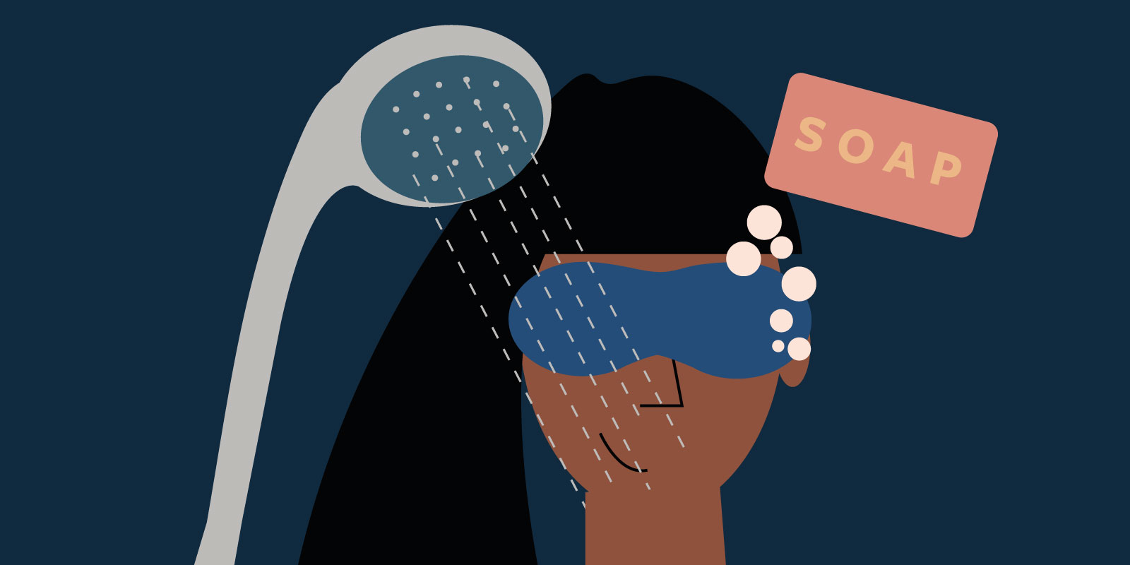  CBTi: A woman wearing a sleep mask standing under a shower.