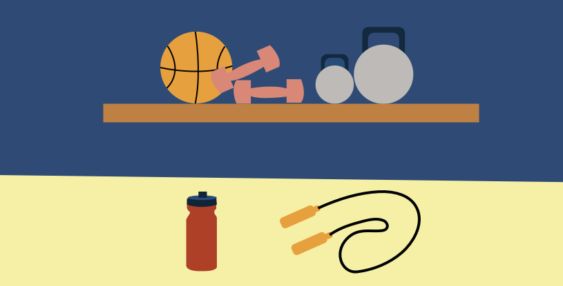 Sleep and exercise: exercise equipment including weights, a basketball and a skipping rope.